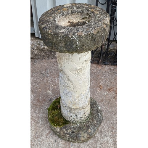 168 - Mill Stone Style Stone Birdbath - Well Weathered with Attractive Carved Design Throughout - Splits i... 