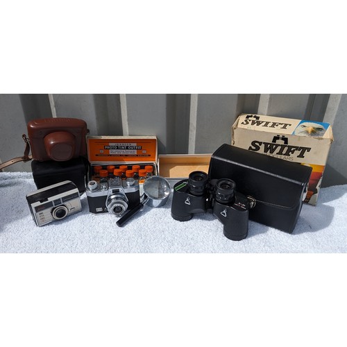 263 - Vintage Group Film Cameras / Binoculars / Photo Tint Outfit / Large Magnifying Glass To Include Swif... 