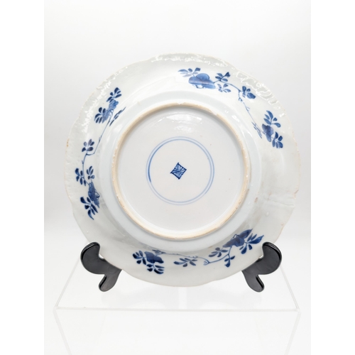 302 - Kangxi Lobed Plate - 21.5cm - Blue and White Floral Design, Has Minor Chip Appx 1mm As Shown, Has be... 