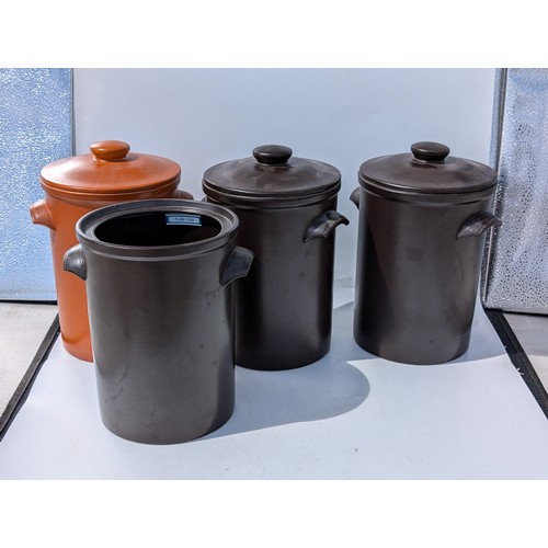 28 - Qty (4) Honiton Pottery Storage Jars - 3 Brown 1 Orange, Orange has Crack to Lid On Brown Lid Missin... 