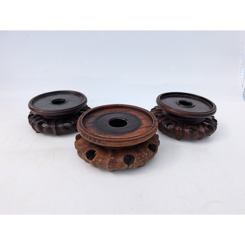 50 - Trio Chinese Carved Rosewood Jar Stands - Appx 12cm External Diameter 9cm Internal