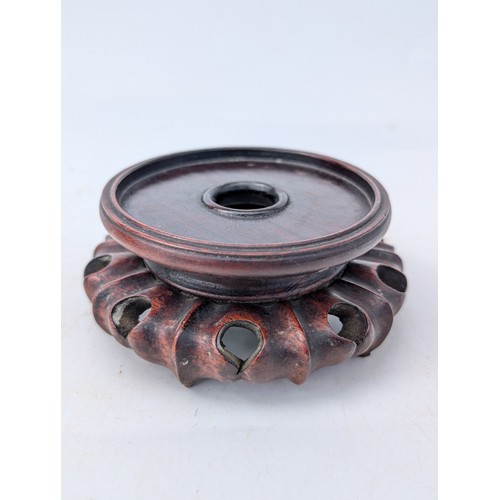 50 - Trio Chinese Carved Rosewood Jar Stands - Appx 12cm External Diameter 9cm Internal