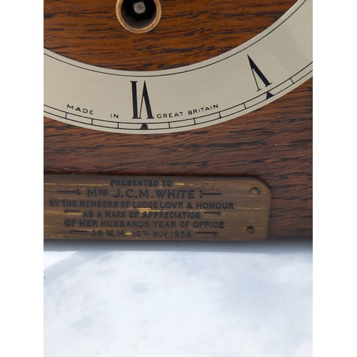 67 - Vintage Smiths Mantel Clock - With Award Plaque Dedicated too, Mrs J C M White Of  Her Husbands Year... 