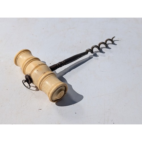 126 - Victorian Bone Handled Corkscrew (Note Missing Brush) Henshall Type Along With One Other Antique Cor... 