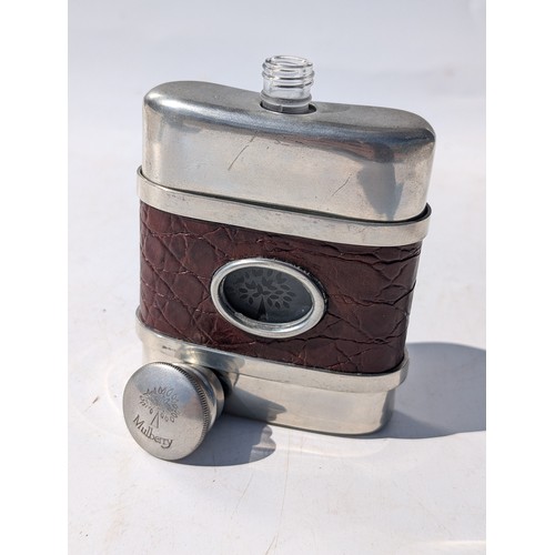 129 - Rare Lovely vintage collectible Mulberry hip flask in pewter with a Mulberry Congo leather trim. Han... 