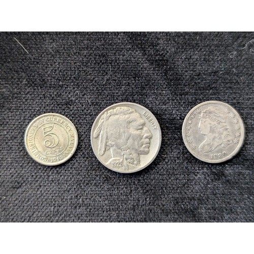 136 - 1830 Capped Bust Dime, 1945 George VI 5 Cents Silver, 1929 Silver Buffalo Nickel, Nice Little Bundle