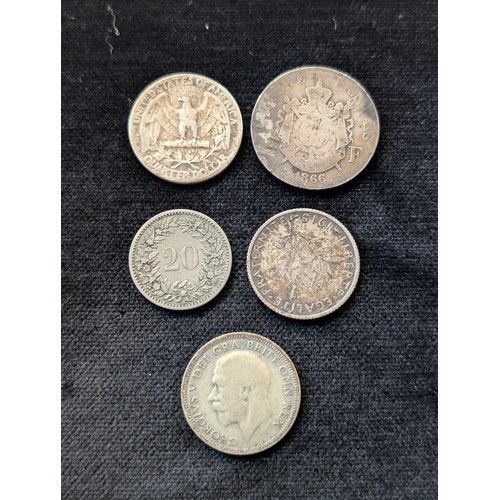 140 - Selection Mostly Silver Vintage / Antique Coins. Including 1866 2 Francs, 1933 SHilling 1955 Quarter... 