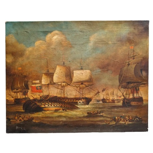 187A - Brian Coole (1939 - 2022) Naval Battle scene oil on canvas unframed with some history of the artist ... 