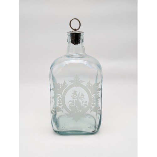 98 - Vintage Apothocary / Liquor / Decanter Bottle Square With Concave Sides, Etched Design to Front and ... 