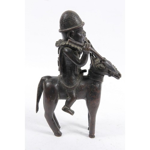 271 - AFRICAN BRONZE - Rare 17th C Benin City Bronze Helmeted Warrior King, Astride A Horse, Armed With Sw... 