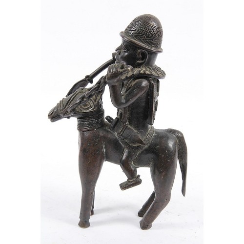 271 - AFRICAN BRONZE - Rare 17th C Benin City Bronze Helmeted Warrior King, Astride A Horse, Armed With Sw... 