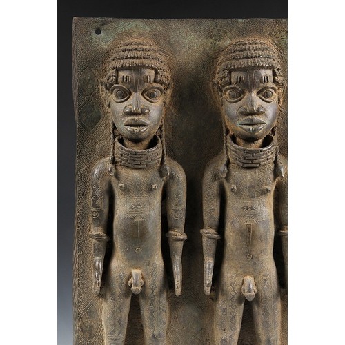 272 - RARE & IMPORTANT AFRICAN BRONZE PLAQUE - Benin Bronze Ancestral Plaque, 16th- 17th C, Depicting Thre... 