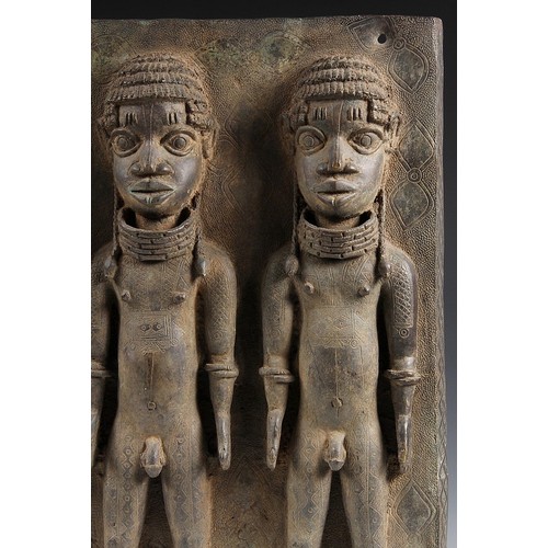 272 - RARE & IMPORTANT AFRICAN BRONZE PLAQUE - Benin Bronze Ancestral Plaque, 16th- 17th C, Depicting Thre... 