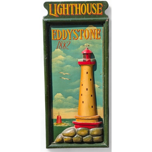 312 - Danbury Mint Eddystone Lighthouse Wooden Plaque / Sign 73x33cm