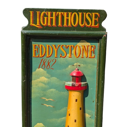 312 - Danbury Mint Eddystone Lighthouse Wooden Plaque / Sign 73x33cm