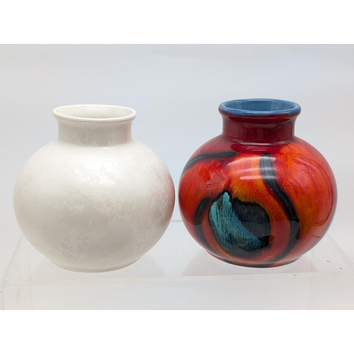 124 - Group (6) Poole Pottery vases / Figurines. Pair Round Bud vases, 11cm, Two Tall Vases Including One ... 