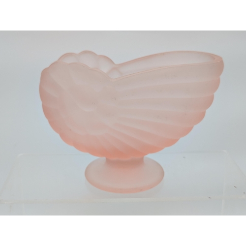 126 - Pair Art Deco Pale Pink Glass Nauitlus Shell Vases On Pedestals - Excellent Condition 17x15cm