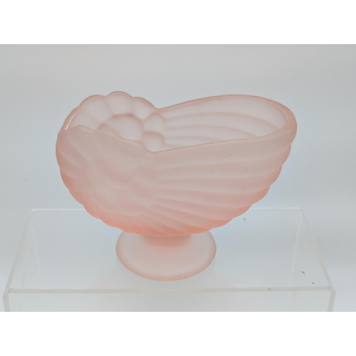 126 - Pair Art Deco Pale Pink Glass Nauitlus Shell Vases On Pedestals - Excellent Condition 17x15cm