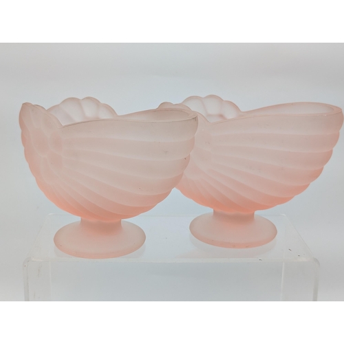 126 - Pair Art Deco Pale Pink Glass Nauitlus Shell Vases On Pedestals - Excellent Condition 17x15cm