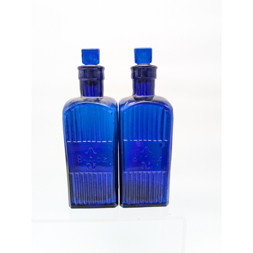 128 - Rare Pair 8oz Admiralty Poison Bottles - Cobalt Blue Square Bottles With Stoppers - Both With Broada... 