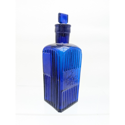 128 - Rare Pair 8oz Admiralty Poison Bottles - Cobalt Blue Square Bottles With Stoppers - Both With Broada... 