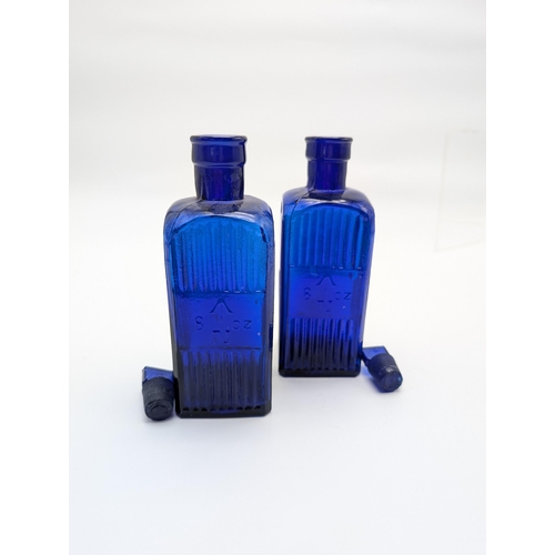 128 - Rare Pair 8oz Admiralty Poison Bottles - Cobalt Blue Square Bottles With Stoppers - Both With Broada... 