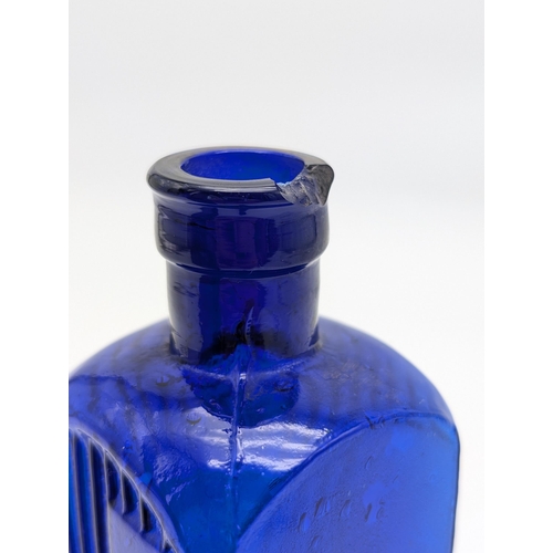 128 - Rare Pair 8oz Admiralty Poison Bottles - Cobalt Blue Square Bottles With Stoppers - Both With Broada... 