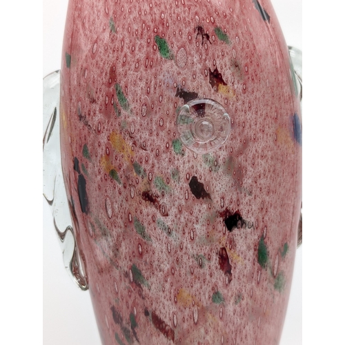 129 - Huge Mid Century Murano Glass Glug Vase Fish, Pink / Red Ground With Millefiori Type Patches 39x18cm