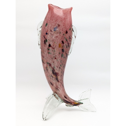 129 - Huge Mid Century Murano Glass Glug Vase Fish, Pink / Red Ground With Millefiori Type Patches 39x18cm