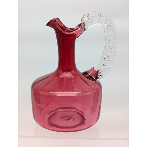 140 - Wonderful Antique Hand Blown Cranberry Glass Decanter and Jug, Both With Pontils Intact and Scallope... 