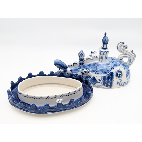 145 - Excellent Novelty Blue & White Butter Dish In The Form of A Whale 25cm Marked to Base