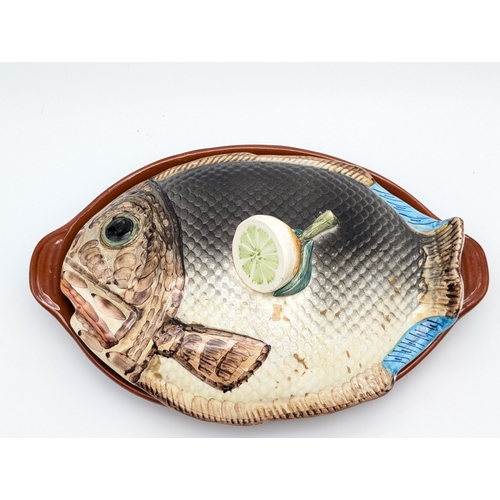 150 - Large Impressive Spanish Majolica Lidded Fish Dish, Marked Made in Spain Verso. Very Small Loss to E... 