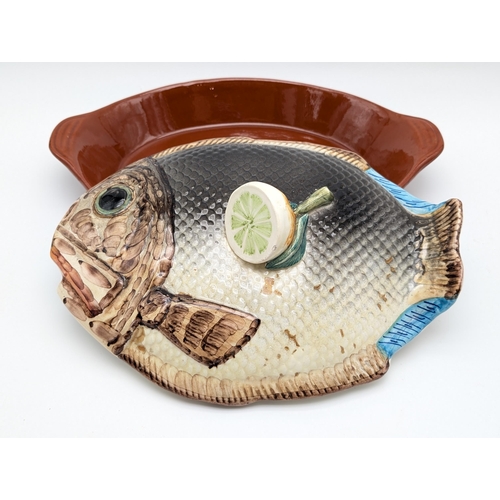 150 - Large Impressive Spanish Majolica Lidded Fish Dish, Marked Made in Spain Verso. Very Small Loss to E... 