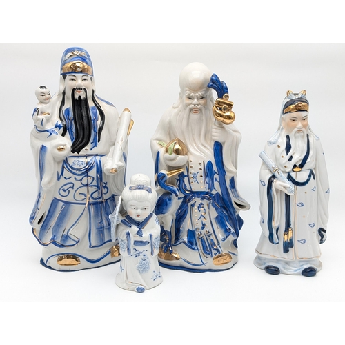 158 - Bundle Ceramic Chinese Statues, Ornaments. Matched Trio In Blue and White With Gilt All In Excellent... 