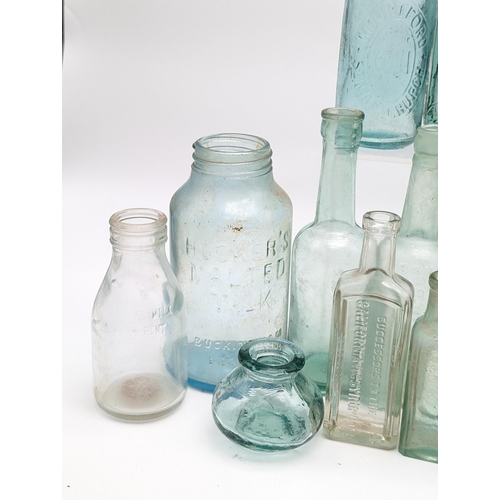 168 - Large Quantity Mostly Green / Blue Glass Advertising Bottles. Apothacary Plus Others