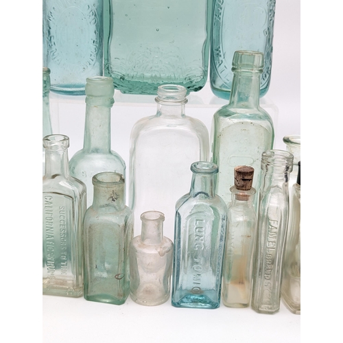 168 - Large Quantity Mostly Green / Blue Glass Advertising Bottles. Apothacary Plus Others