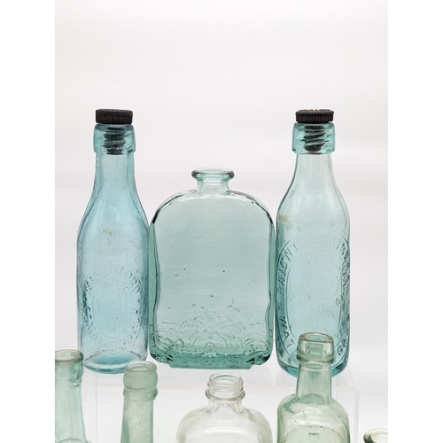 168 - Large Quantity Mostly Green / Blue Glass Advertising Bottles. Apothacary Plus Others