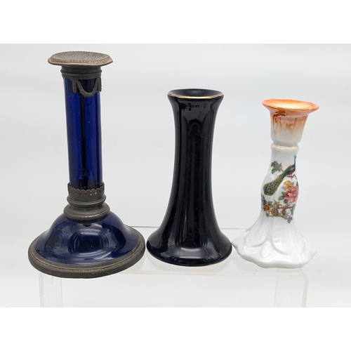 170 - Bundle Ceramic / China Candle Holders. Cobalt & Pewter, Torquay Crested Ware, Victoria Etc