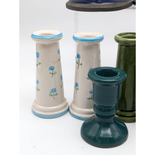 170 - Bundle Ceramic / China Candle Holders. Cobalt & Pewter, Torquay Crested Ware, Victoria Etc