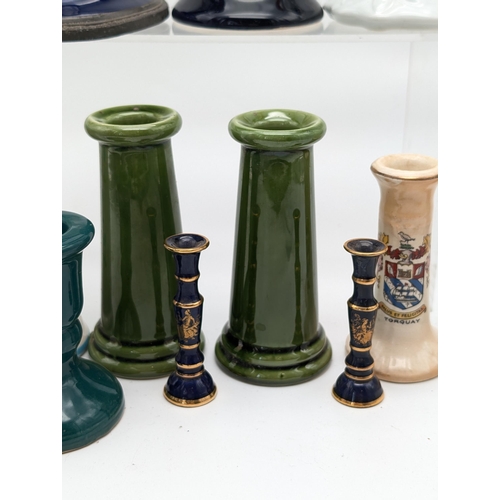 170 - Bundle Ceramic / China Candle Holders. Cobalt & Pewter, Torquay Crested Ware, Victoria Etc