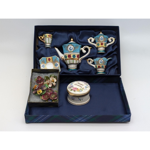 182 - Bundle Ceramics, Including Miniature Leonardo Tea Set, Ceramic Floral Broochs / Earrings Plus Ayshfo... 