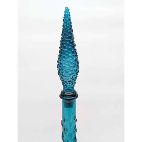 184 - Large Blue Empoli Glass Italian Genie Bottle Decanter With Stopper, Stopper Has Had Naive Repair - O... 