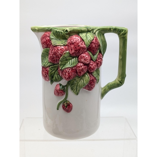 197 - Vintage Italian Majolica Water Pitcher With Strawberries, Marked Italy to Base NDVE 22x18cm