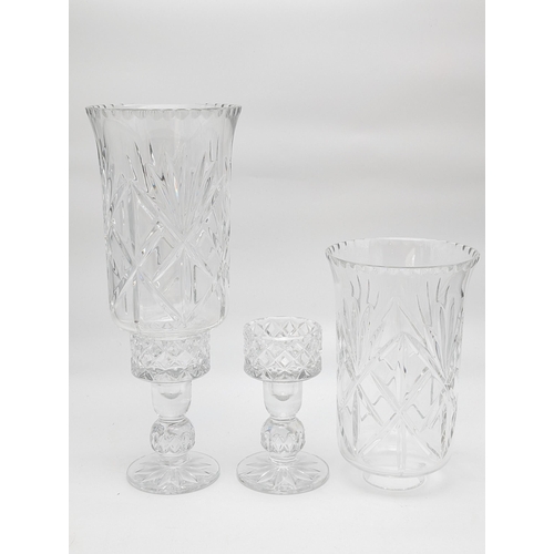 203 - Pair Excellent Cut Glass Two Part Glass / Candle Holder / Vases With Flared Rim 35cm