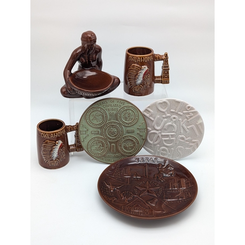 204 - Bundle Mostly Frankoma Ceramics, Native Indian Plates, Figurines & Stands Largest 22cm