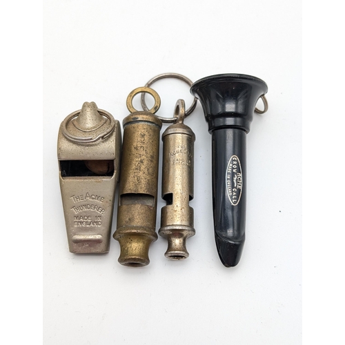 251 - Bundle (4) Vintage Whistles, ACME Thunderer, Acmecity, Acme Crow Call & Noble Brass Whistle