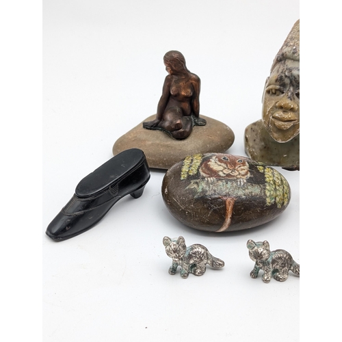 252 - Eclectric Group, African Zimbabwe Stone Bust, Painted Mouse Rock Monogrammed HR, Mixed Pewter and Wh... 