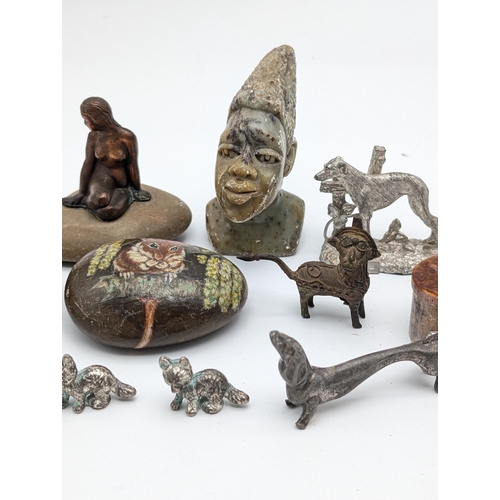 252 - Eclectric Group, African Zimbabwe Stone Bust, Painted Mouse Rock Monogrammed HR, Mixed Pewter and Wh... 