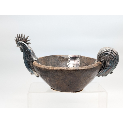 267 - Rare Sterling Silver Spanish Colonial Turned Wood And Solid Sterling Silver mounted rooster bowl. Th... 