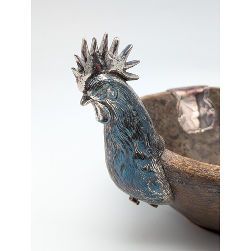 267 - Rare Sterling Silver Spanish Colonial Turned Wood And Solid Sterling Silver mounted rooster bowl. Th... 